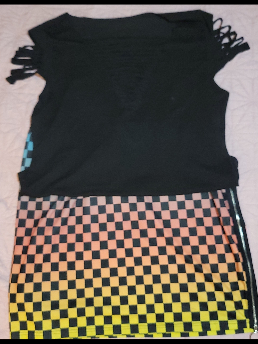 2 Piece Plus Sz Outfit Black Top with Gradient Checker Skirt